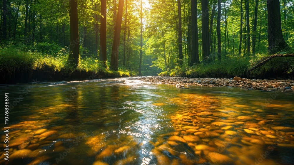 Obraz premium A Calm River Flowing Through a Sun-Dappled Forest