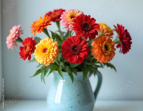 A ceramic flower vase filled with 9 colorful zinnias showcasing their distinct shapes and textures. The scene is set against a white wall, with a soft focus background. photo