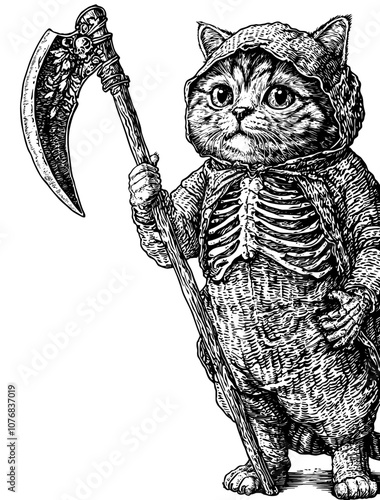 Doodle Illustration of a funny cat dressed up in a skulltone costume for Halloween