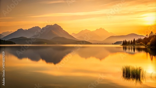 Serene Mountain Lake at Sunset with Golden Light Reflections on Water in a Minimalist Style, Capturing the Tranquility of Nature’s Beauty and the Peaceful Ambiance of Dusk