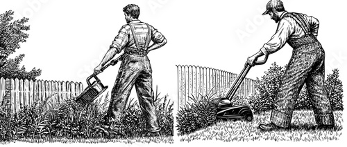 Illustration of a gardener working in the backyard and mowing the lawn