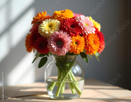 Wallpaper Mural A clear glass flower vase holding 9 vibrant zinnias in various colors including red, yellow, pink, and orange. The vase sits on a wooden table, with natural sunlight casting soft shadows. Torontodigital.ca