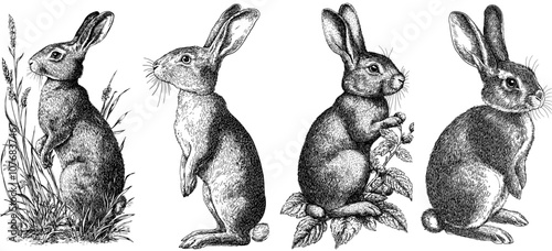 A cute bunny rabbit or hare engraved illustration