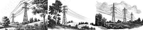 Transmission towers and high voltage powerlines with overhead cables and poles. Modern illustration on white background, flat modern.