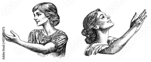 Hands gesturing and showing. Smiling young smart girl in glasses explaining, demonstrating something aside. Flat modern illustration isolated on white.