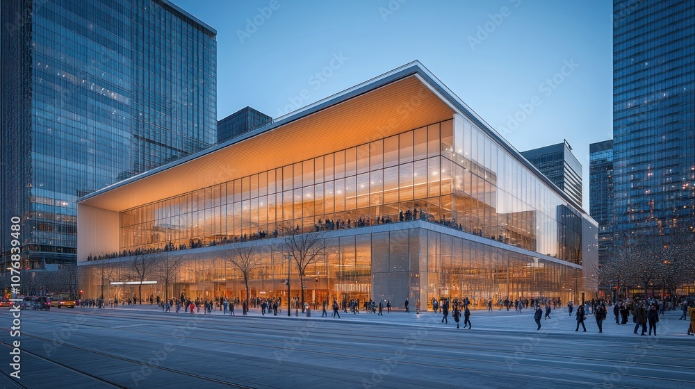 Obraz premium Modern glass building with people walking by on a snowy day.