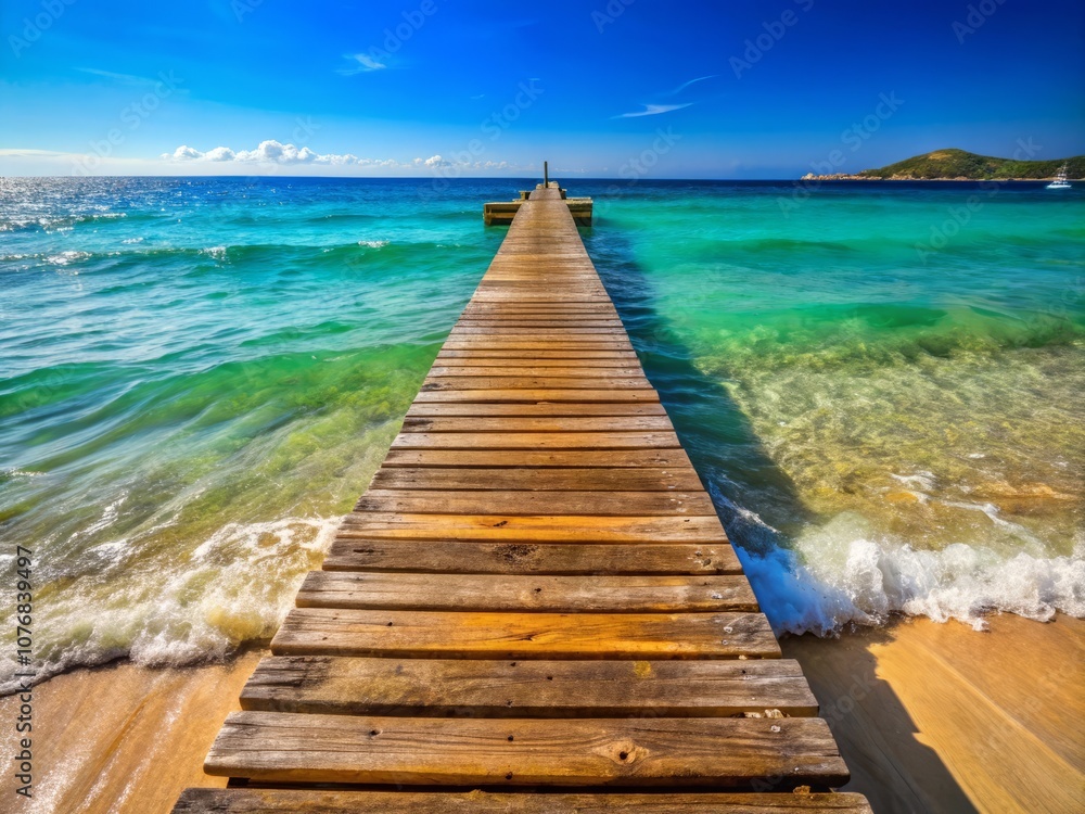 Serene Wooden Pontoon at Pampelonne Beach in Ramatuelle, Provence, France: A Tranquil Escape into Nature's Beauty with Crystal Clear Waters and Golden Sands Serene Wooden Pontoon at Pampelonne Beach in Ramatuelle, Provence, France: A Tranquil Escape into Nature's Beauty with Crystal Clear Waters and Golden Sands