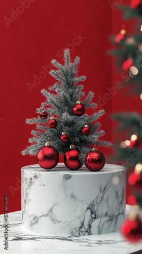 Festive miniature Christmas tree adorned with shiny red ornaments stands atop a chic marble pedestal, creating a stylish holiday vignette against a vibrant red backdrop.