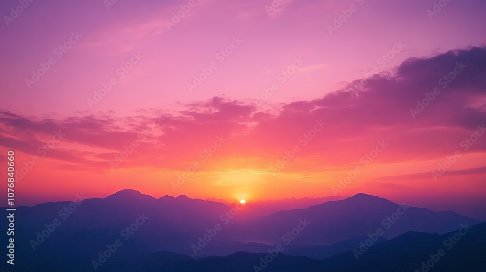 Obraz premium A stunning sunset sky filled with vibrant orange and red hues, transitioning into softer purple tones as it meets the horizon. Silhouettes of distant mountains create a peaceful landscape,