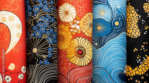 和柄の布地デザイン・色彩豊かな伝統的な花模様と波模様