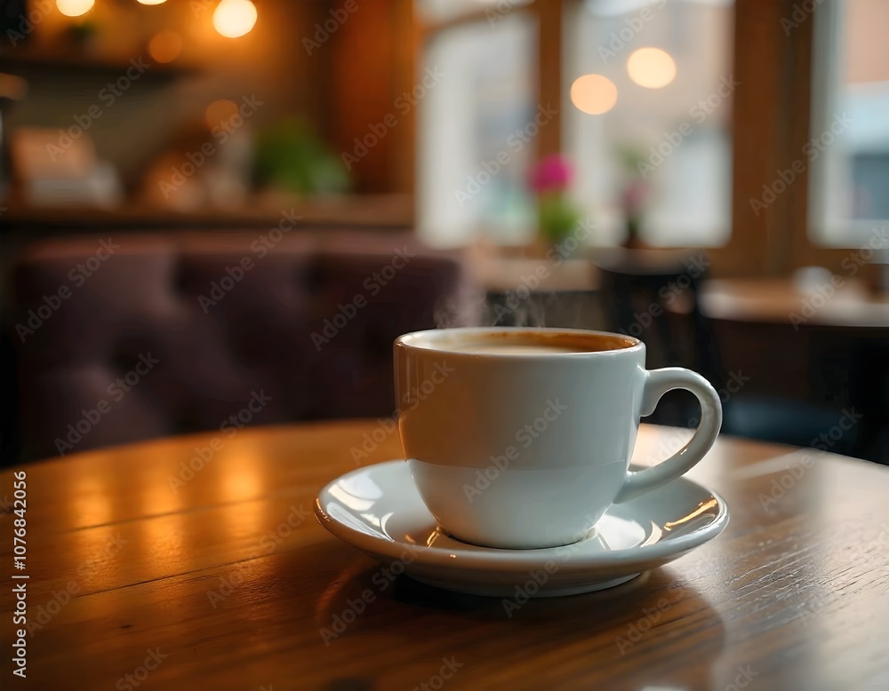 Obraz premium A steaming hot cup of coffee on a wooden table in a cozy cafe setting, with warm lighting and blurred background