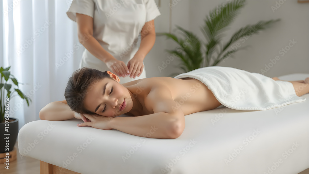 Fototapeta premium Young woman getting back massage on couch in spa salon