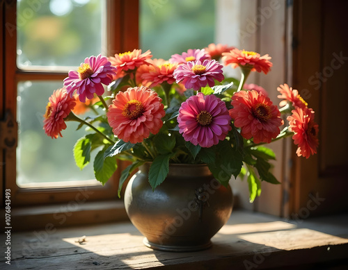 Wallpaper Mural An antique metal flower vase displaying 9 zinnias in full bloom featuring hues of purple and coral. The vase is placed on a rustic wooden shelf with a blurred garden view outside the window. Torontodigital.ca