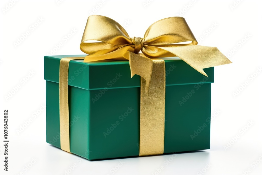 Obraz premium Green gift box wrapped with gold bow and ribbon white background celebration anniversary.