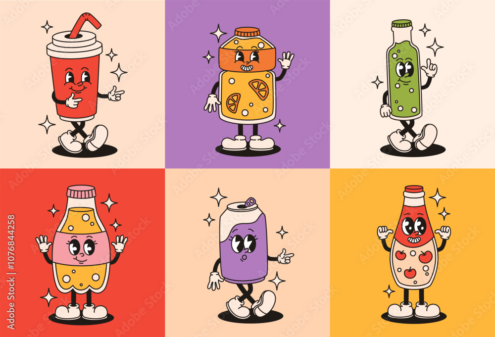 Obraz premium Set of cheerful groovy characters with soda drinks. Flat vector illustration.