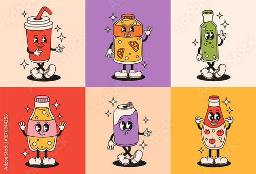 Set of cheerful groovy characters with soda drinks. Flat vector illustration.