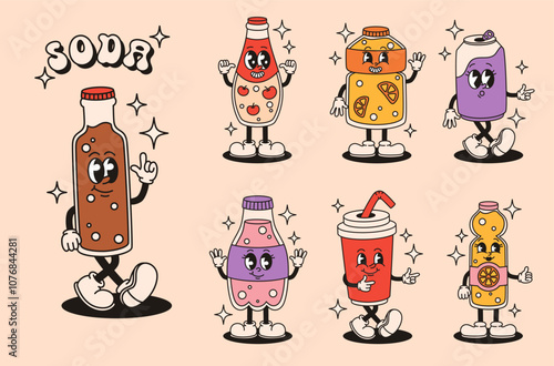 Set of groovy characters drinks soda. Flat vector illustration.
