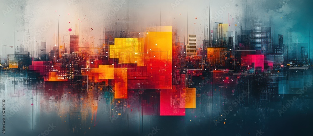 Fototapeta premium Abstract cityscape with geometric shapes and fog in vibrant colors.