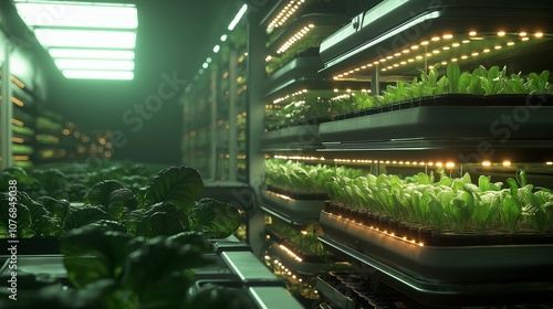 A futuristic vertical farm with rows of vegetables growing in stacked hydroponic trays. Glowing LED lights simulate sunlight, and an automated irrigation system circulates nutrient-rich water photo