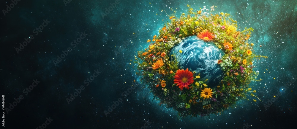 Fototapeta premium Earth surrounded by flowers against a dark blue cosmic background.