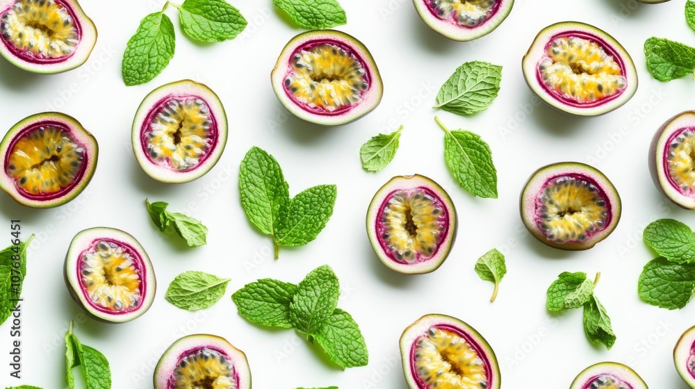 Passion Fruit and Mint Leaf Pattern on White Background Passion Fruit and Mint Leaf Pattern on White Background