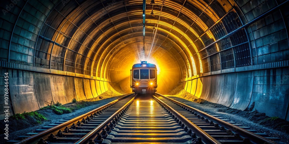 Obraz premium Stunning Drone Photography of a Bright Yellow Train Emerging from a Dimly Lit Tunnel, Capturing the Dynamic Contrast of Light and Shadows in an Enigmatic Perspective View