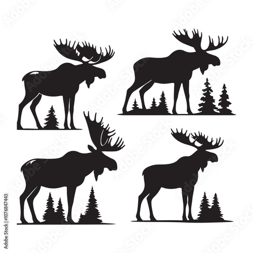 Vector black silhouette moose with horns, deer silhouette vector illustration, silhouette moose animal full body black color only photo