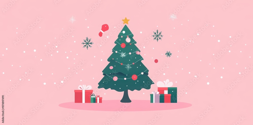 Naklejka premium Christmas-themed elements, including a Christmas tree and decorations, a Santa hat and gloves, presents, a wreath, holly leaves on a pink background