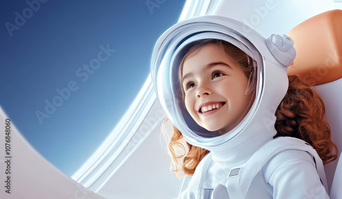 Joyful Young Girl in Space Suit Gazing Out of a Spaceship Window with Excitement photo