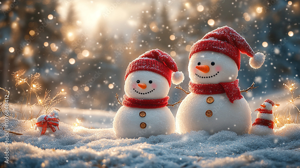 Charming Snowmen with Festive Hats in a Winter Snowstorm Charming Snowmen with Festive Hats in a Winter Snowstorm