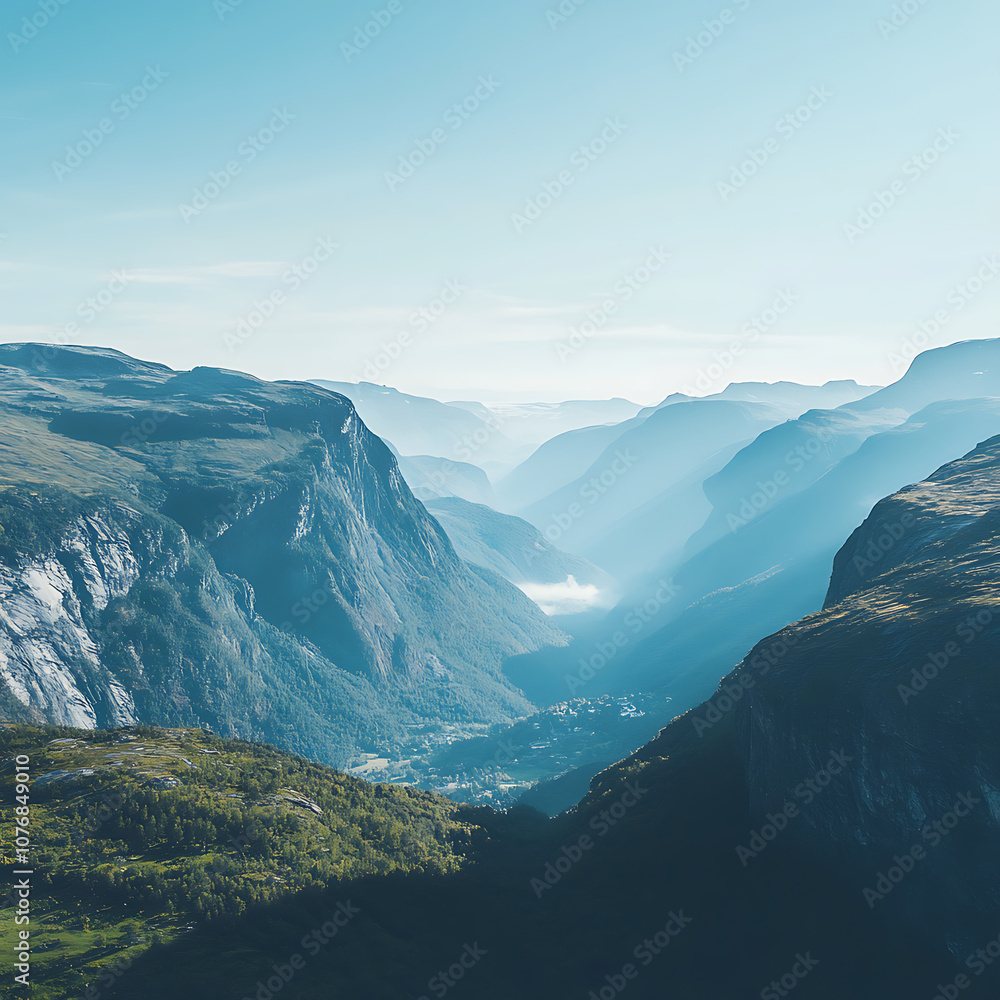 Fototapeta premium Breathtaking View of Remote Valley Surrounded by Majestic Mountains Under Clear Blue Sky with Soft Mist in the Air Capturing Nature's Tranquility and Beauty