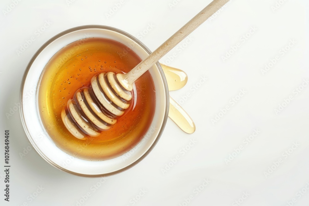 Top view of honey bowl with dipper on white background. Top view of honey bowl with dipper on white background.
