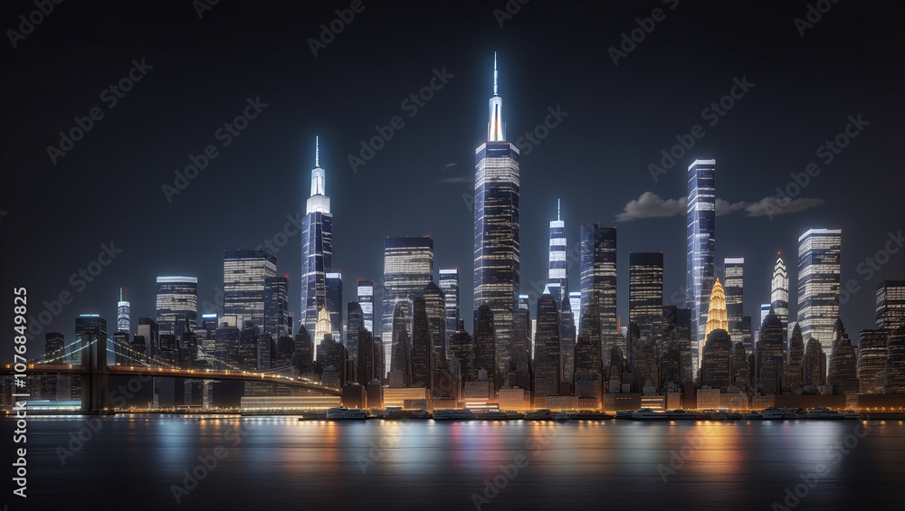 Fototapeta premium A city skyline, likely New York City, with tall buildings reflected in the water at twilight.