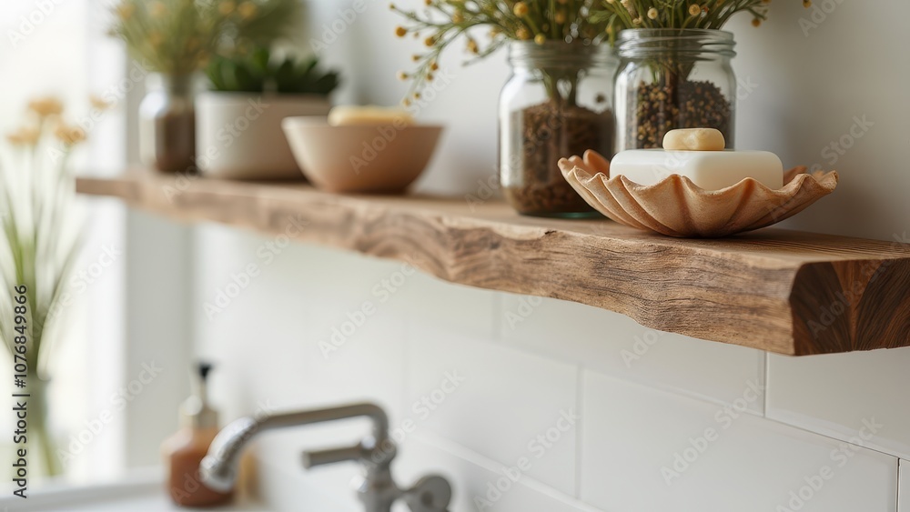 Bohemian bathroom accents. Wooden shelf with glass jars of grains and a ceramic bowl with soap. Bright window light highlights the natural decor. Bohemian bathroom accents. Wooden shelf with glass jars of grains and a ceramic bowl with soap. Bright window light highlights the natural decor.