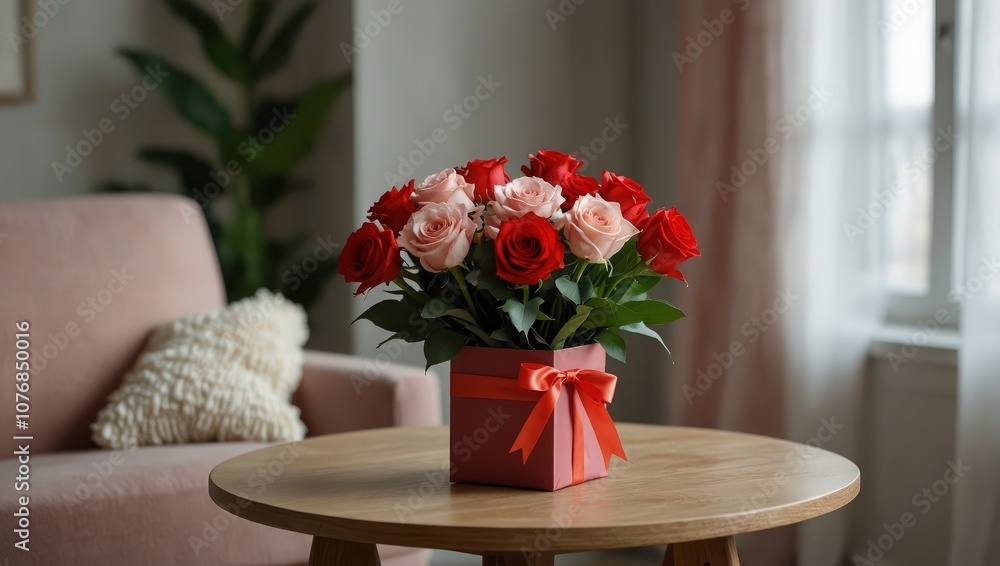 Obraz premium Bouquet of flowers and gift for Valentine's Day on table near armchair in interior of room