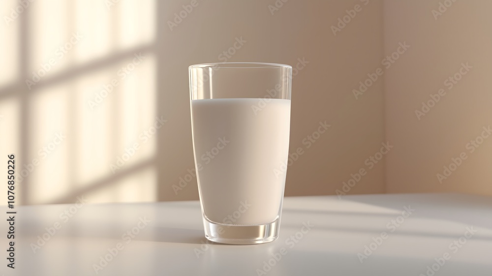 Tall glass of white milk on wooden table with dramatic window shadow casting across minimalist scene, copy space Tall glass of white milk on wooden table with dramatic window shadow casting across minimalist scene, copy space