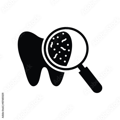 Tooth cavity icon vector. Dental teeth with plaque and magnifying glass symbol flat black solid icon