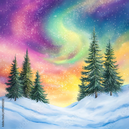 Breathtaking winter landscape with evergreen trees under a vibrant aurora borealis sky filled with swirling colors and sparkling snowflakes in a tranquil setting