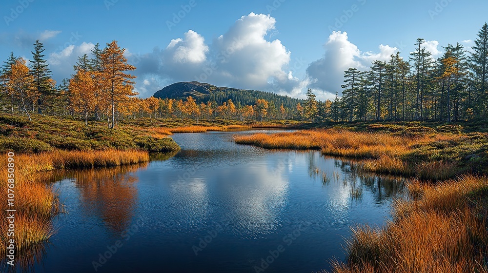 Fototapeta premium A complex landscape of peatland with pools and ridges, showcasing the diversity of ecosystems affected by climate change