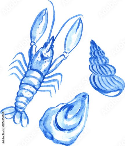 Hand-drawn Lobster, Shells, and Marine Life, Watercolor