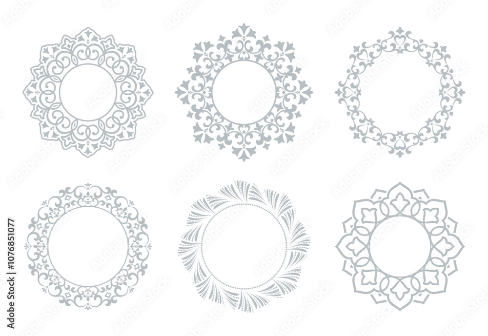 Fototapeta premium Set of decorative frames Elegant vector element for design in Eastern style, place for text. Floral gray and white borders. Lace illustration for invitations and greeting cards