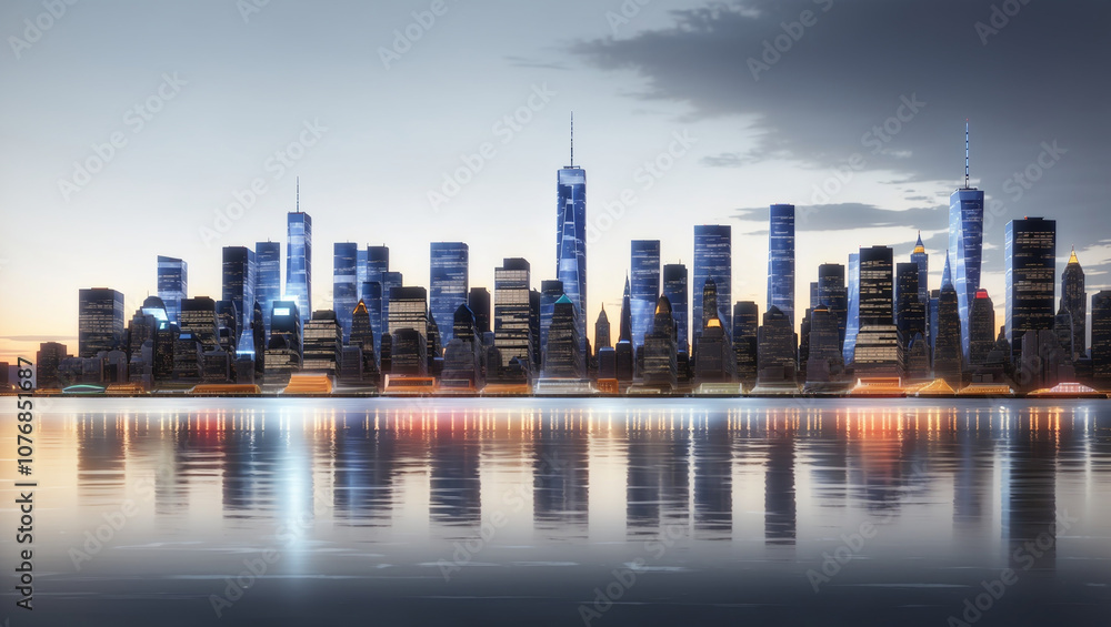 Obraz premium A city skyline, likely New York City, with tall buildings reflected in the water at twilight.