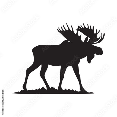 Vector black silhouette moose with horns, deer silhouette vector illustration, silhouette moose animal full body black color only photo