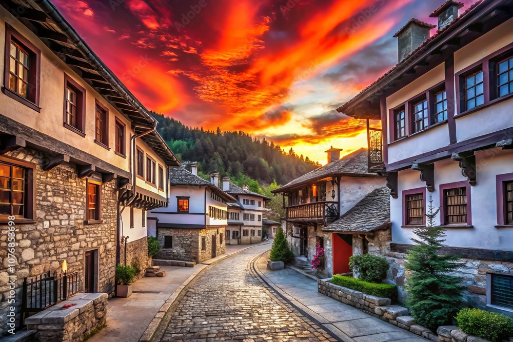 Obraz premium Sunset Silhouette of Shiroka Laka's Historic Buildings Against the Vibrant Sky in the Rhodope Mountains of Southern Bulgaria