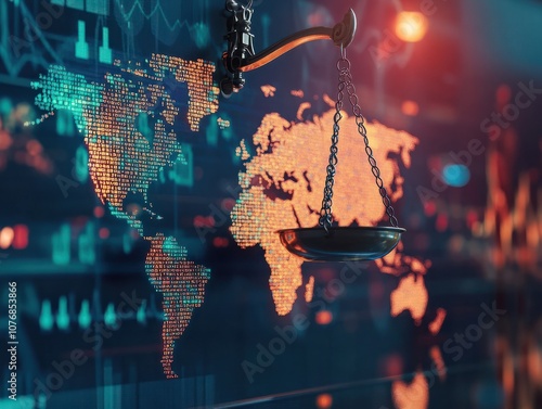 A global finance law concept with scales of justice overlaid on a world map filled with stock market symbols