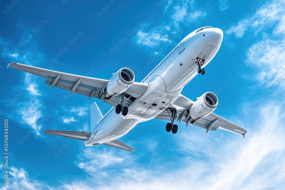 Obraz premium White Airplane Ascending in Blue Sky with Clouds