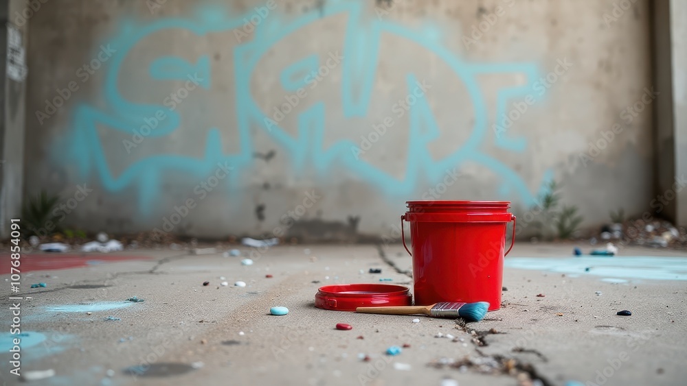 Bucket of paint for wall art and murals. A red paint bucket and brushes rest on a graffiti-covered wall, surrounded by colorful paint splatters on the ground. Bucket of paint for wall art and murals. A red paint bucket and brushes rest on a graffiti-covered wall, surrounded by colorful paint splatters on the ground.