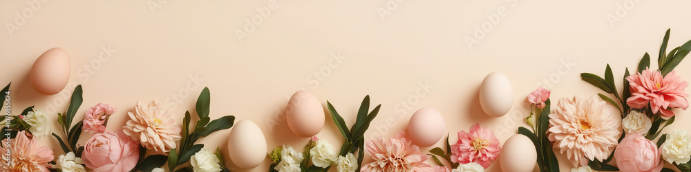 Obraz premium Delicate pastel eggs nestled among pink and white flowers on a soft beige background during springtime festivities. Generative AI