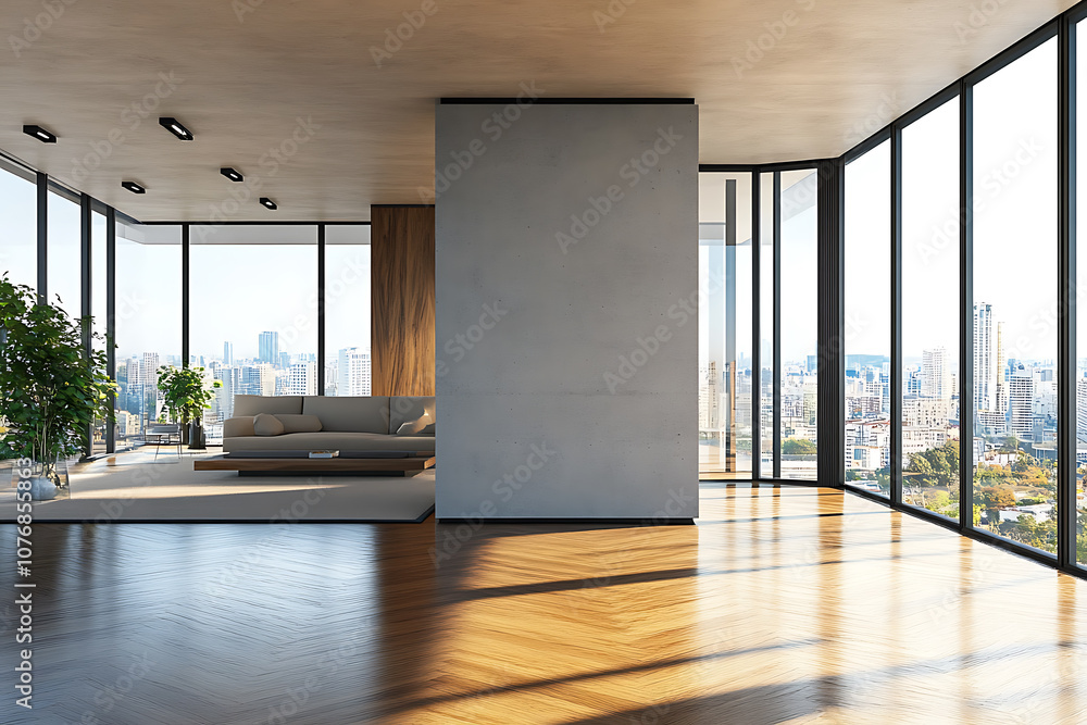 Obraz premium Modern spacious interior with empty mock up place on wall, wooden flooring, panoramic windows with city view and daylight. 3D Rendering. 