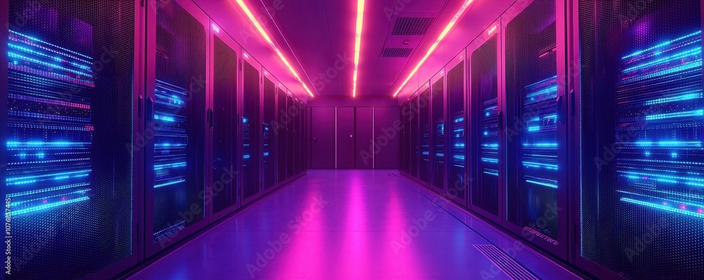 A futuristic data center illuminated by vibrant pink and blue lights, showcasing rows of servers in a sleek, modern environment. A futuristic data center illuminated by vibrant pink and blue lights, showcasing rows of servers in a sleek, modern environment.